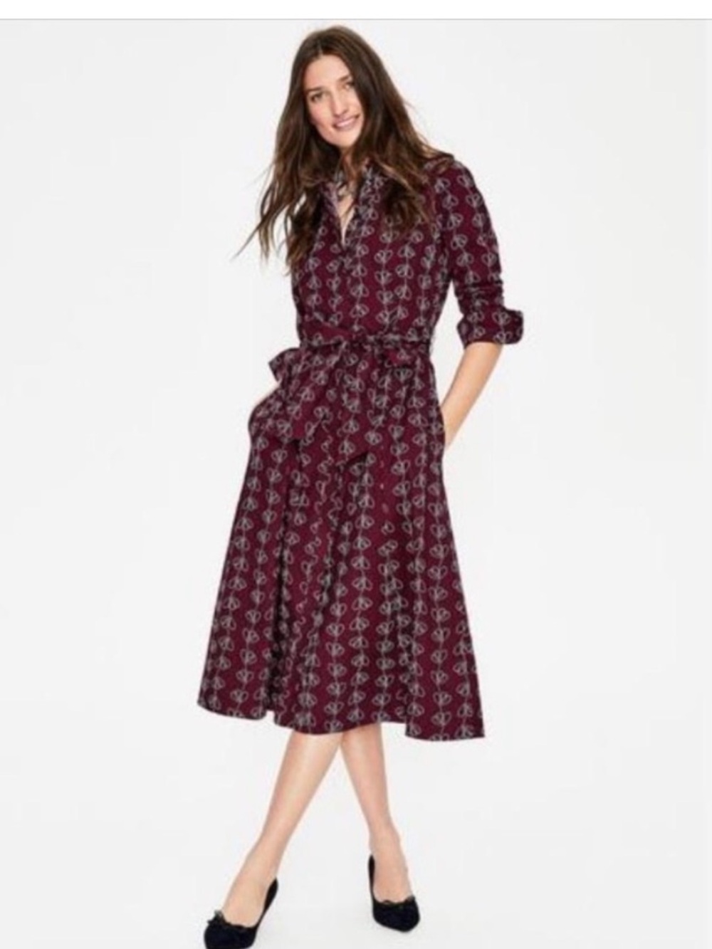 Boden Roseland Shirt Dress with Pockets Burgundy & Pink Heart Print Size 6 LONG - Picture 3 of 13